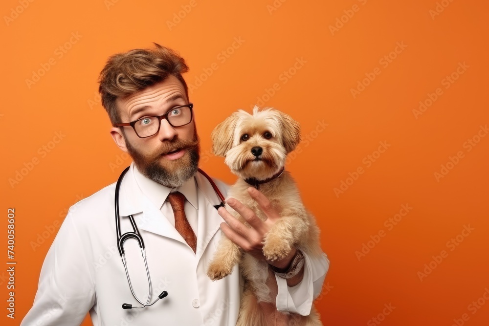 A veterinarian wearing glasses and a coat examines a small dog. Orange background A veterinarian wearing glasses and a coat examines a small dog. Orange background