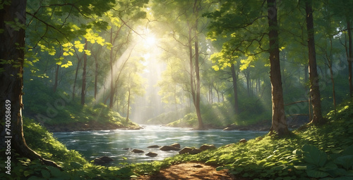 view of the forest with the river around it  the sun gently shines on the surrounding area and penetrates the leaves