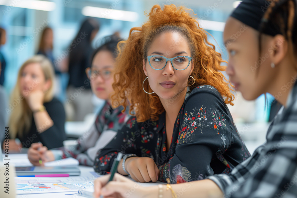 A group of attentive women engaged in a business meeting, reviewing documents in a bright office environment.