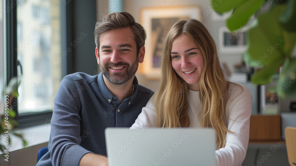 A man and woman focused on a laptop screen while working collaboratively in a modern workspace. A man and woman focused on a laptop screen while working collaboratively in a modern workspace.