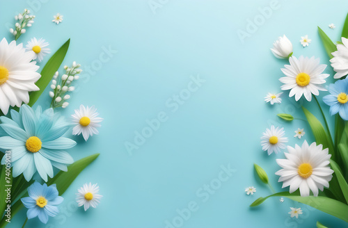 Various spring flowers daisies tulips on a light blue green background. Copy space. Spring Celebration concept 8 march international women's day mother's day photo