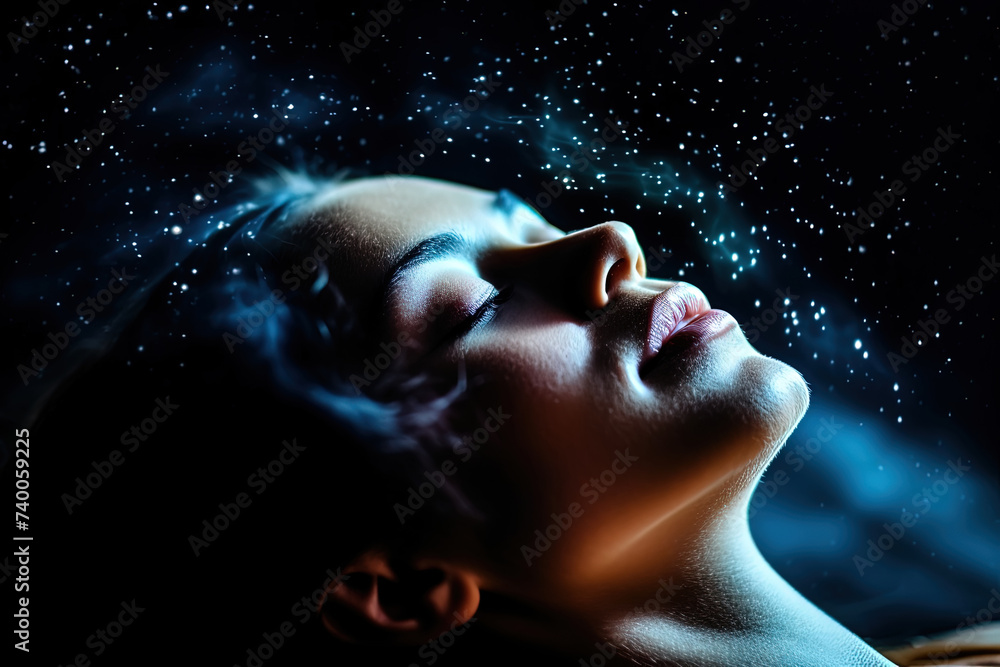 Charming woman standing with her eyes closed, gazing up at the stars in the night sky