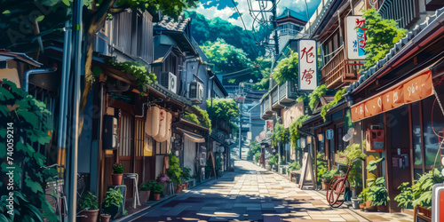an anime inspired street, typical oriental city, japan or chinese