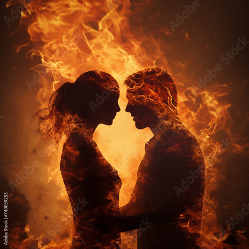 Man and woman facing each other in fire