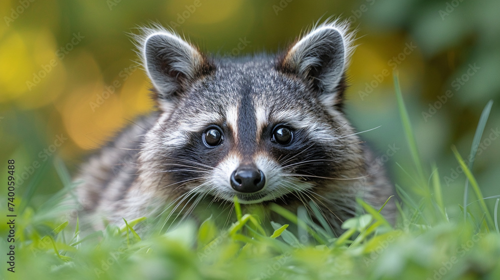 close up wildlife photography, authentic photo of a cute raccoon in natural habitat, taken with telephoto lenses, for relaxing animal wallpaper and more