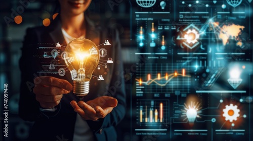 Wallpaper Mural Illuminating Insights, Businessman Holds Creative Light Bulb Alongside Growth Graph and Analytics Icons. Torontodigital.ca