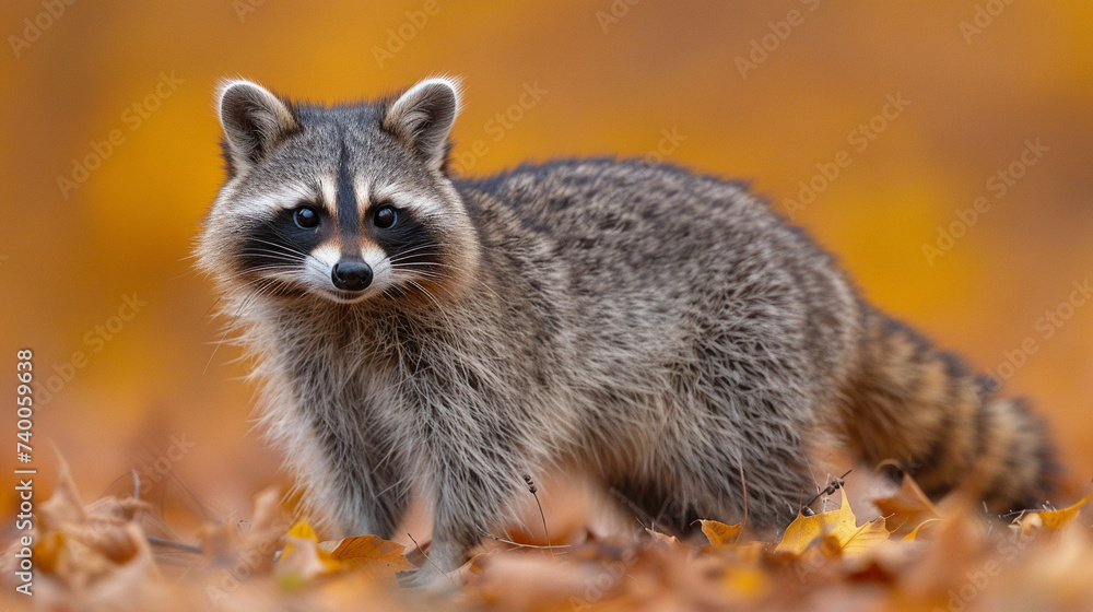 Naklejka premium close up wildlife photography, authentic photo of a cute raccoon in natural habitat, taken with telephoto lenses, for relaxing animal wallpaper and more