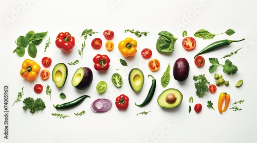 Creative layout made of avocado, onion, tomatoes, pepper and lemon. Flat lay. Food concept. Vegetables isolated on white background