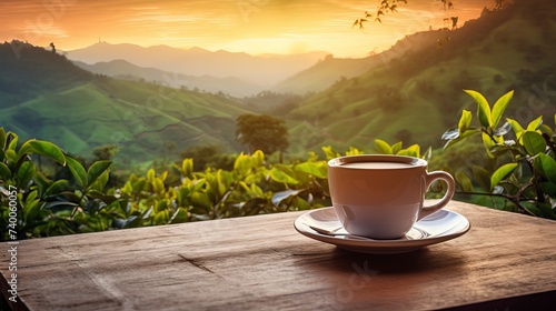 Cup of hot tea with sacking on the wooden table and the tea plantations background photo
