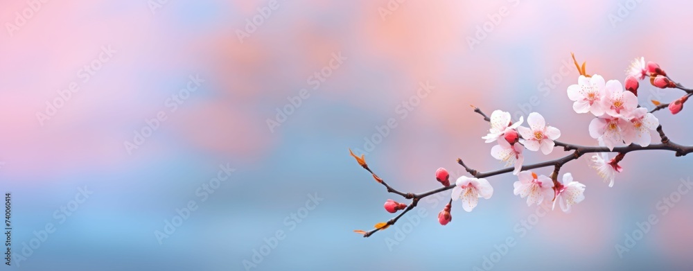 Sakura flowers blooming on the light blue and pink blurred background with gentle bokeh. Sakura flowers blooming on the light blue and pink blurred background with gentle bokeh.