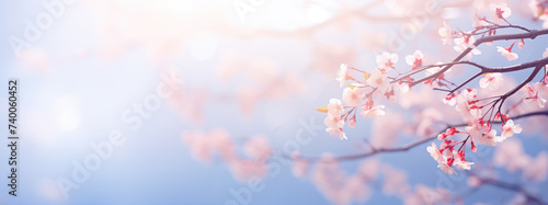 Sakura flowers blooming on the light blue and pink blurred background with gentle bokeh.