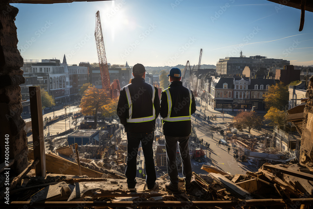 Two construction workers standing on rooftop of building, overseeing construction site below. They are wearing safety gear and seem to be discussing ongoing work Two construction workers standing on rooftop of building, overseeing construction site below. They are wearing safety gear and seem to be discussing ongoing work