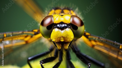 Extreme macro shot eye of Zygoptera dragonfly in wild. Close up detail of eye dragonfly is very small. Dragonfly on yellow leave. Selective focus © Elchin Abilov