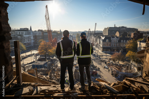 Two construction workers standing on rooftop of building, overseeing construction site below. They are wearing safety gear and seem to be discussing ongoing work