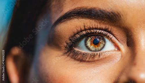 An extreme closeup of a persons eyes, with a faint reflection of a social media profile page visible in the iris, symbolizing the influence of social media on selfimage and selfesteem photo