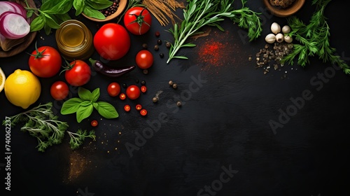 Food cooking background. Fresh rosemary  cilantro  basil  cherry tomatoes  peppers and olive oil  spices herbs and vegetables at black slate table. Food ingredients top view