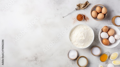 Frame of baking and cooking bread pastry or cake ingredients, flour sugar milk eggs and coconut butter on bright grey background with copy space for text, flat lay photo