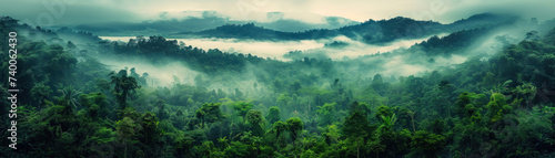 Jungle  tropical forest  morning fog  top view.