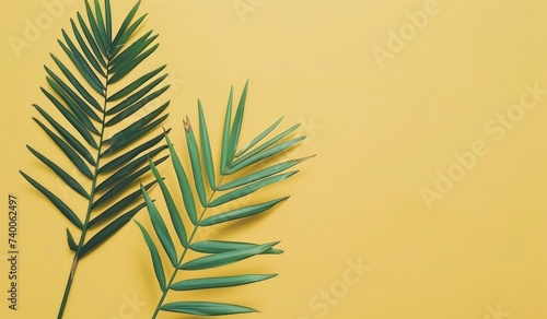 green palm leaf at yellow background with two leaves green leaf