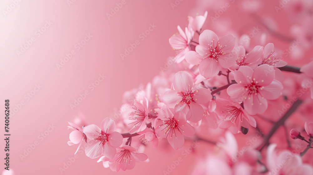 Spring flowers banner cherry blossoms on pink background