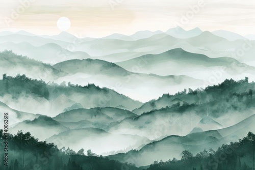 over mountain fog forest and mountain valley at sunrise mist