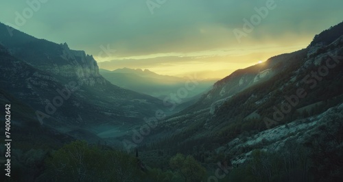 mountains and valley view with the sunset