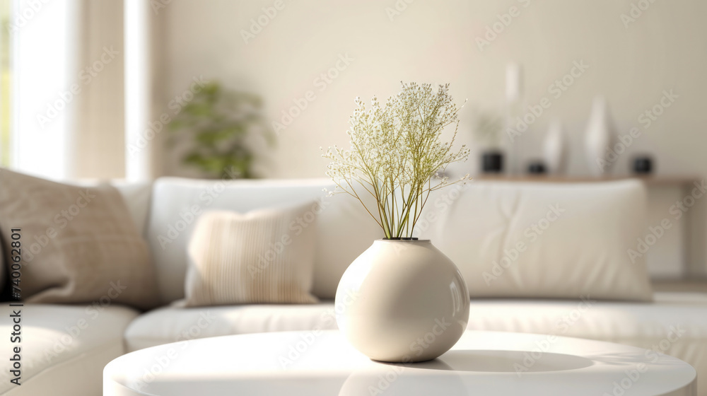 Minimalist modern living room interior beige sofa white table with modern ceramic vase