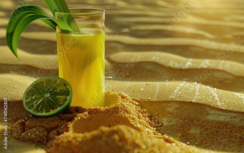 limoncello and rum cocktail with lime on a piece of sand