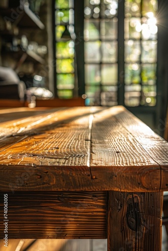A empty wooden table, living room in the background © Simone