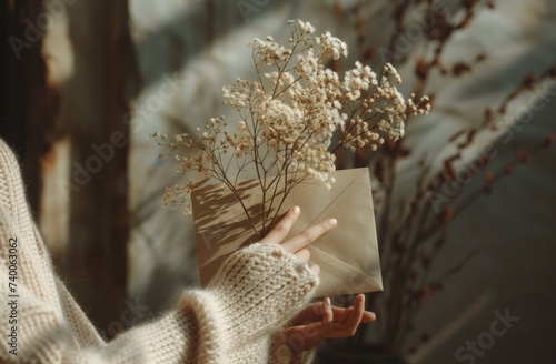 hand holding an envelope with flowers and leaves
