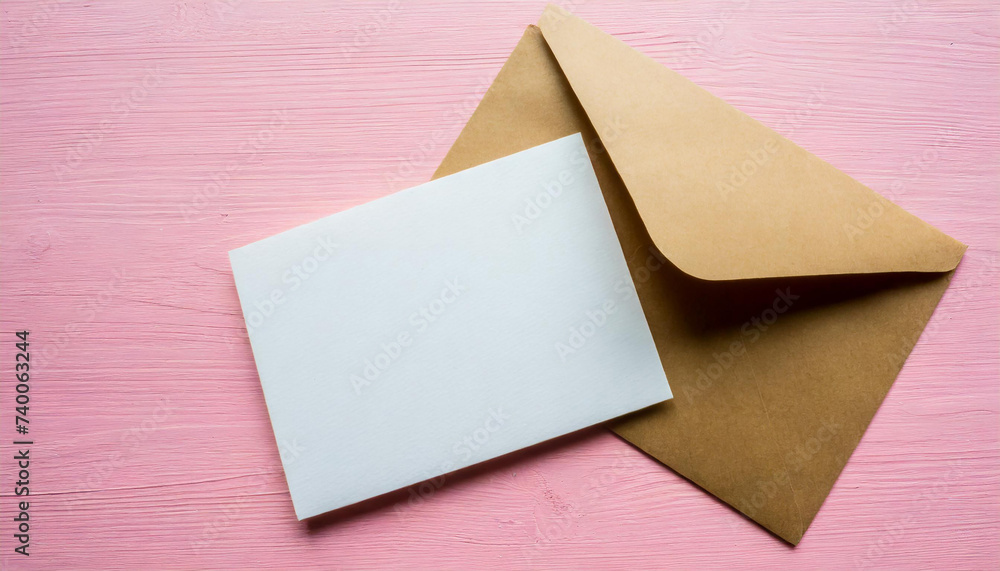 Overhead view of a blank card and envelope on pastel pink background; top-down composition Overhead view of a blank card and envelope on pastel pink background; top-down composition