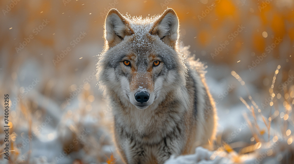 Naklejka premium wildlife photography, authentic photo of a wolf in natural habitat, taken with telephoto lenses, for relaxing animal wallpaper and more