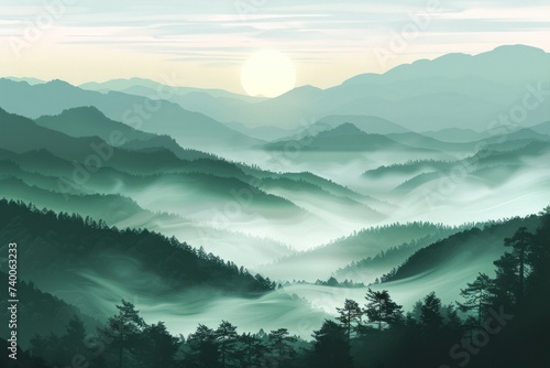 over mountain fog forest and mountain valley at sunrise mist