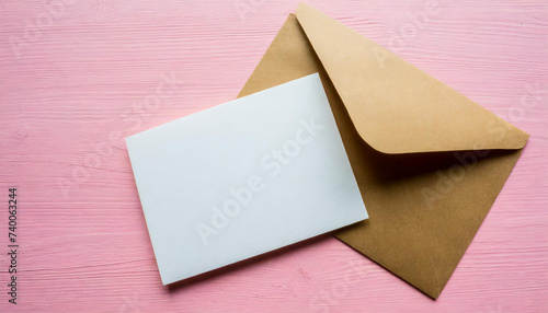 Overhead view of a blank card and envelope on pastel pink background; top-down composition
