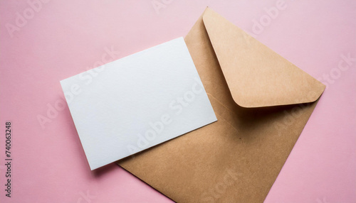 Overhead view of a blank card and envelope on pastel pink background; top-down composition