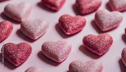 Pattern of pink hearts on pink background, top view