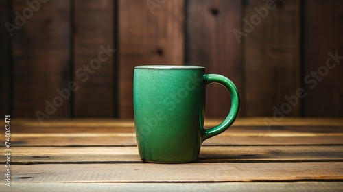 Green mug on wooden table over grunge background