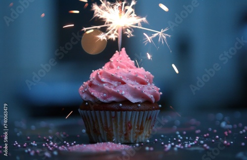 pink birthday cupcake with a sparkler