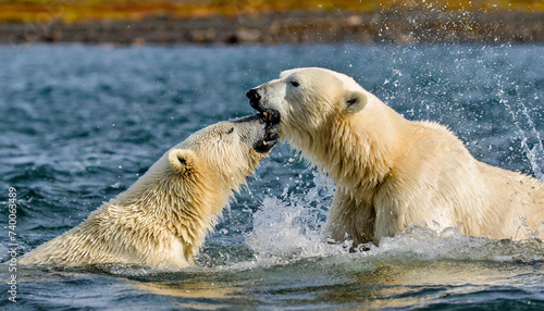 Polar bear (Ursus maritimus) two fighting or playing in water. Near Kaktovik, Arctic National Wildlife Refuge, Alaska, USA. October. photo
