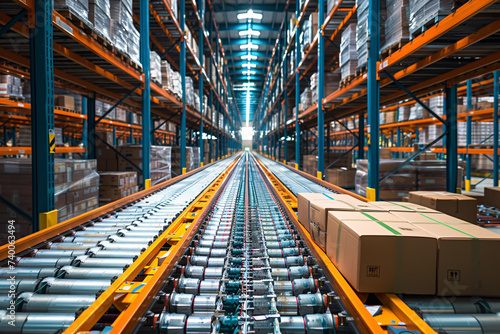 Boxes on a conveyor belt in a well-lit, modern warehouse photo