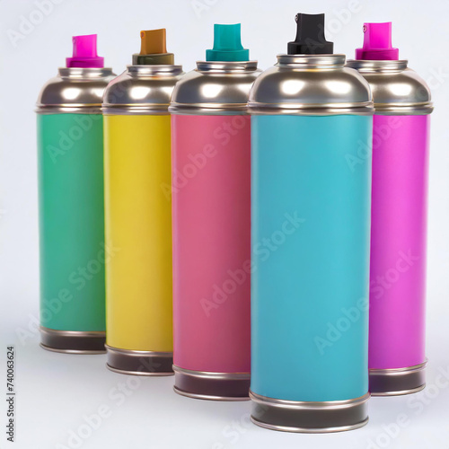 Set of colorful spray paint cans in row. 3d render spray paint bottle and dispenser.