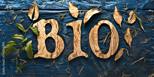 Rustic ‘BIO’ Wooden Logo Surrounded by Dried Leaves and Twigs on Dark Textured Surface