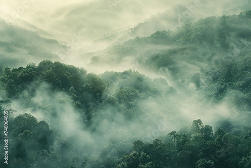over mountain fog forest and mountain valley at sunrise mist