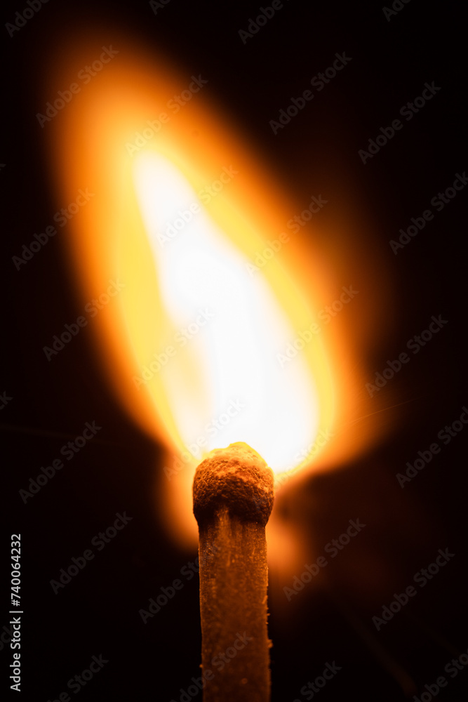 Close-up view of a matchstick that has just been ignited, with the flame brightly burning at its tip. Close-up view of a matchstick that has just been ignited, with the flame brightly burning at its tip.