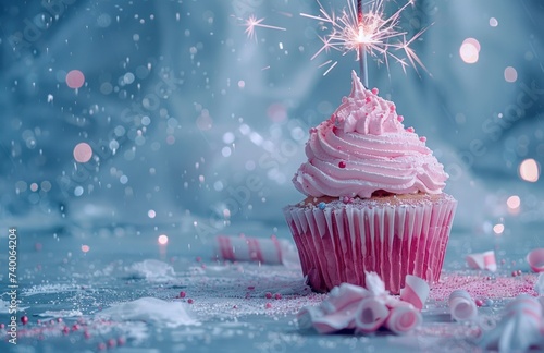 pink birthday cupcake with a sparkler