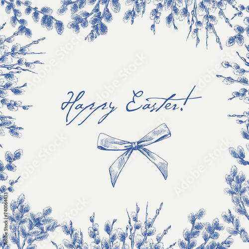 Template frame with branches willows and bow. Holiday Easter composition. Blue engraved sketch on beige background. Hand drawn illustration for design greeting card,decor