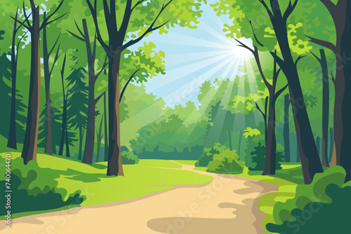 Trail in a sunny summer forest. A beautiful road among tall trees, green grass and bushes in a dense forest and stunning sunshine. Landscape of a park or reserve.
