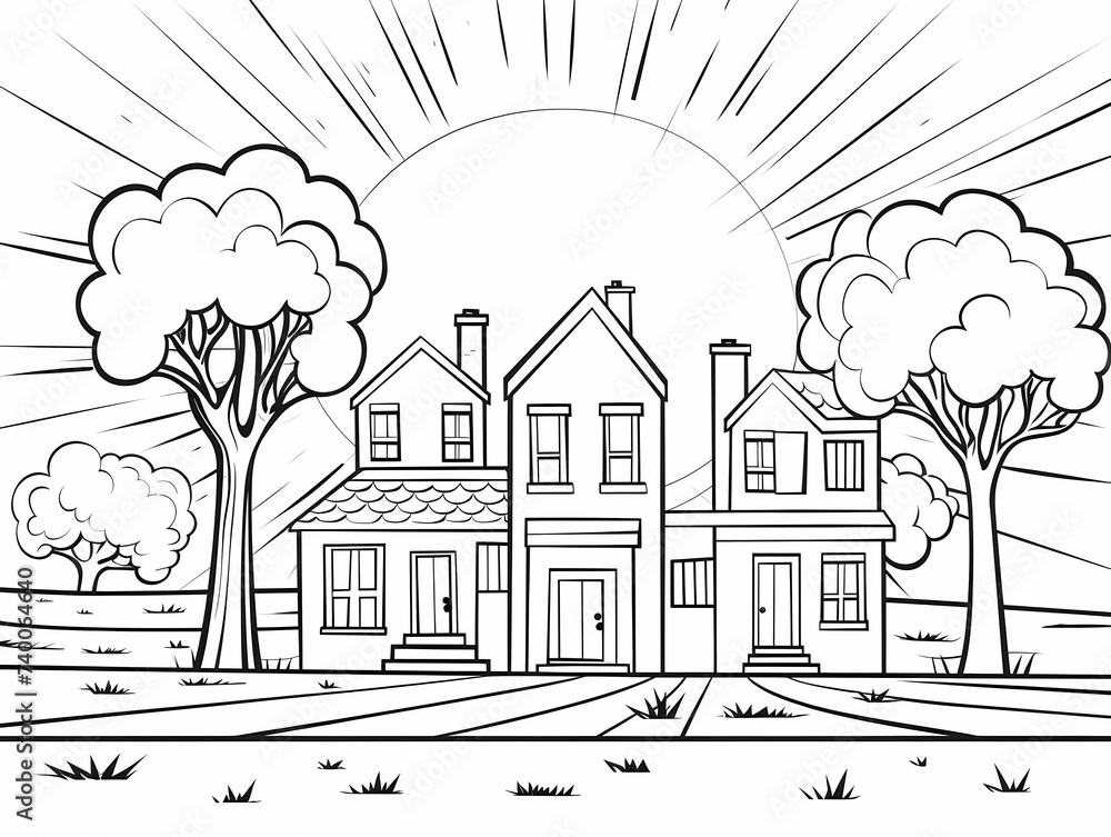 printable picture, coloring book with cozy buildings printable picture, coloring book with cozy buildings