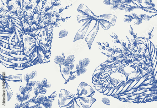 Easter Wicker baskets with branches willows, bows. Holiday composition. Blue engraving illustration on beige. Hand drawn. Background for greeting card,decoration