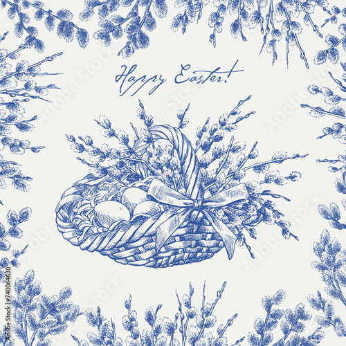 Easter Holidays Wicker basket with branches willows and bow. Holiday composition in frame blossom branch willow. Blue engraving sketch on beige background. Hand drawn illustration for greeting card